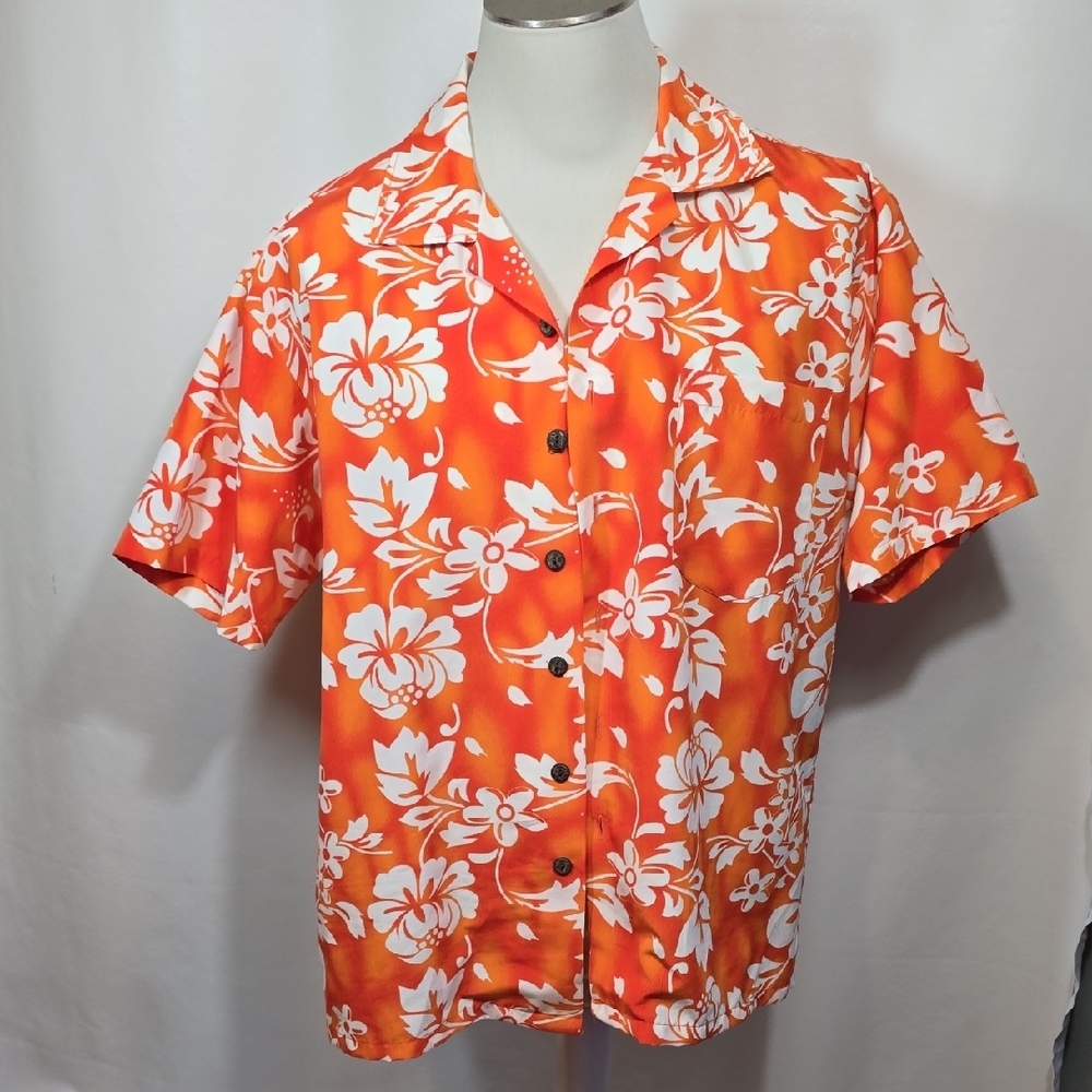MAUI TRADING COMPANY Orange Tropical Hawaiian Shirt Mens Large, EUC